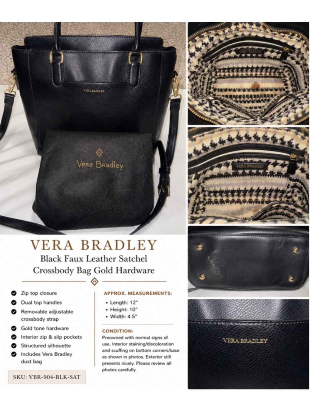 Vera Bradley Black Faux Leather Satchel Crossbody Bag Gold Hardware Work Tote